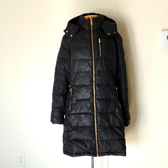 Michael Kors Long Black Winter Coat Large Hooded - Picture 2 of 16